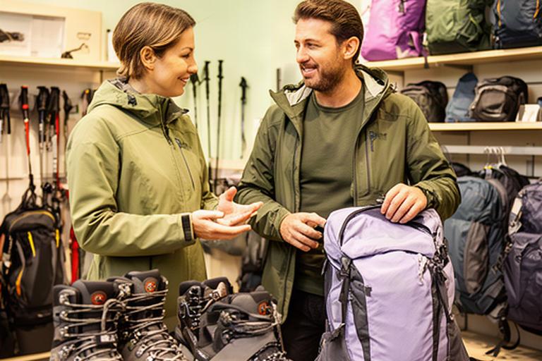 Beratung zu Wanderschuhen und Rucksäcken im hellen Fachgeschäft in Aarau