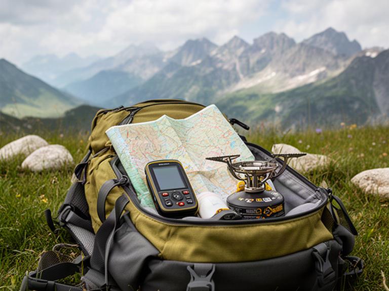 Offener Trekkingrucksack mit GPS-Gerät, Schweizer Wanderkarte und kompaktem Kocher auf einer alpinen Wiese