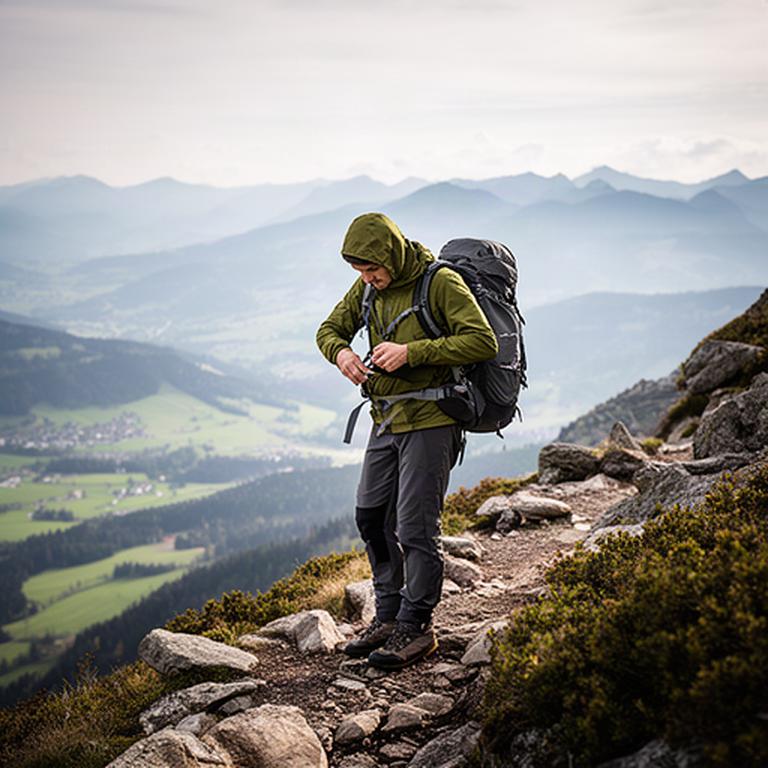 Wandernde Person prüft einen Rucksack an einem felsigen Höhenweg über Aarau